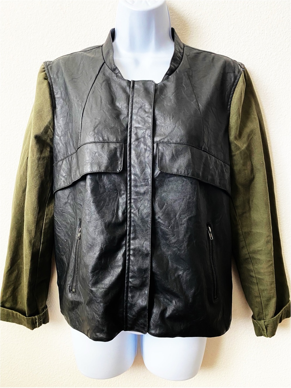 Sans Souci, Bomber Jacket Stand Collar Vegan Leather Canvas Sleeves Minimalist